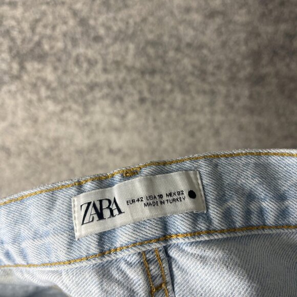 Zara Jeans Womens 10 Light Wash Distressed Straight Leg Raw Hem High Rise - Picture 8 of 11